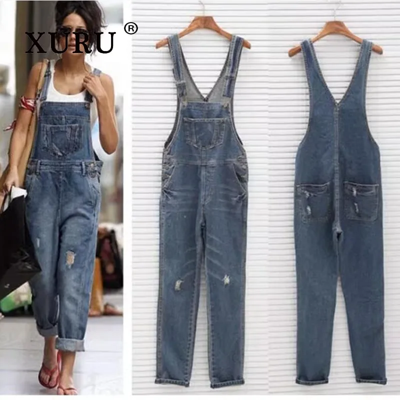 

XURU-Women's Suspenders Jeans Jumpsuit, Double Shoulder Straps, Broken Jeans, Europe and The United States, K34-366, New