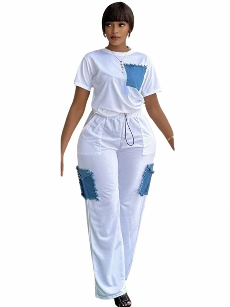 2 Piece Women Set Dashiki Denim African Clothes Summer New Fashion Short Sleeve Top And Pants Suit Party Lady Matching Sets