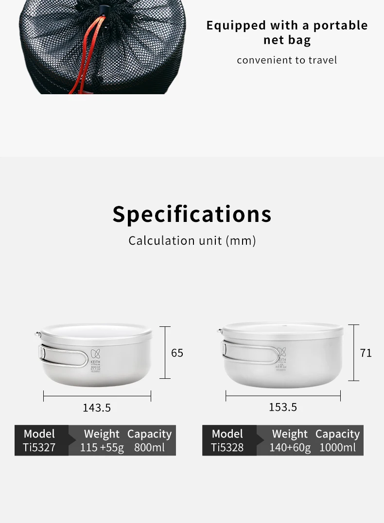 KEITH Titan-Lunchbox mit Deckel, 800/1000/1200ml Ultraleichtes Kochgeschirr mit Klappgriff für Instantnudeln, Wandern & Backpacking – Detail 8