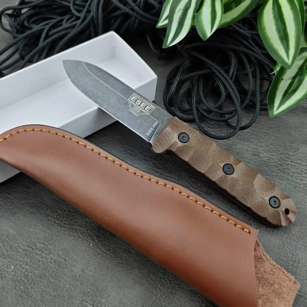 

ESEE PR4 Practical Fixed Blade EDC Knife D2 Steel with PU Leather Sheath Outdoor Tool for Camping Hiking Picnic Field Use