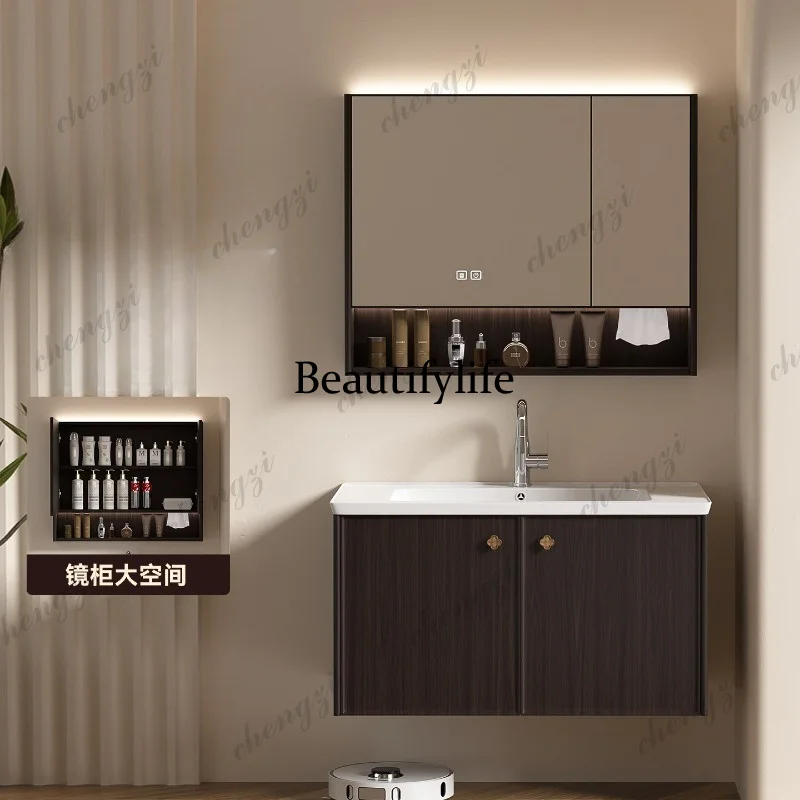Medieval style all stainless steel bathroom cabinet integrated ceramic basin mirror cabinet combination large space storage