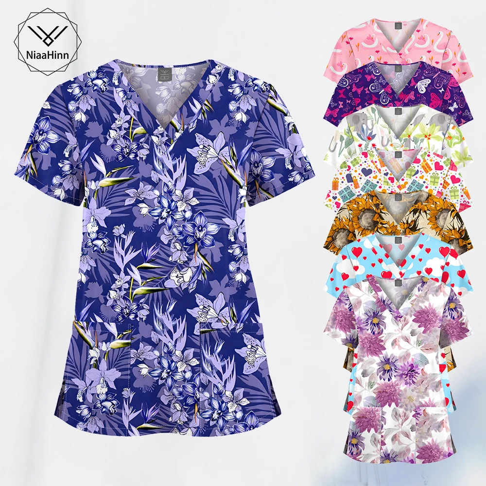 Scrub Top mode pakaian kerja perawat wanita dicetak Scrub seragam layanan kesehatan kaus Unisex Scrub grosir