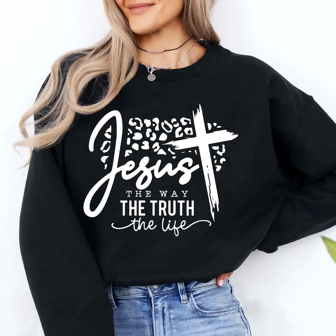 Jesus The Way The Truth The Life Letter Print Washed Sweatshirt Crew Neck Casual Sweatshirt For Winter Fall Women's Clothing