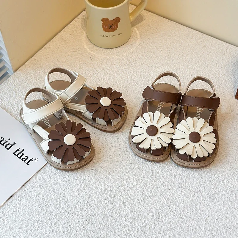 

Summer Girl's Sandals Appliques Flower Hollow-out Beige Brown Kids Sliders Toddler Adorable Lightweight Trendy Children Shoes