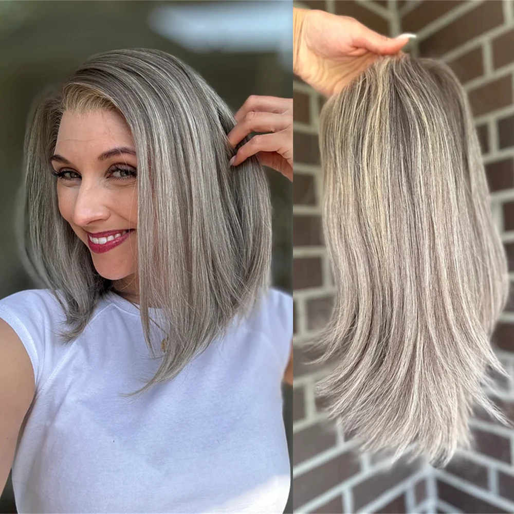 

12 Inch Ash Blonde Balayage Straight Bob Wig Grey Highlights Premium Synthetic Hair HD Invisible Lace Front Glueless Wig