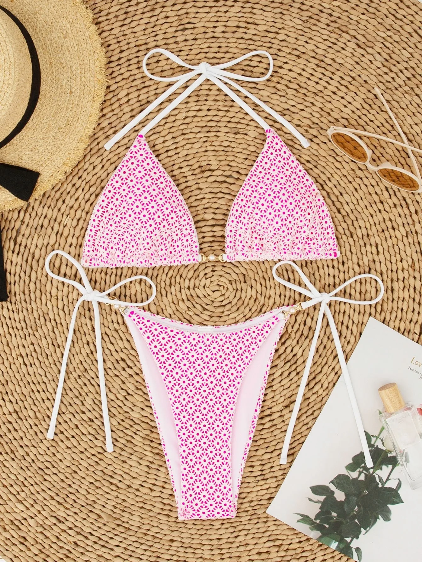 Women Crochet Bikini Sets Swimsuit Halter Triangle Top Padded Push Up Swimwear Split Bathing Suit Tie Side Sexy New Beachwear