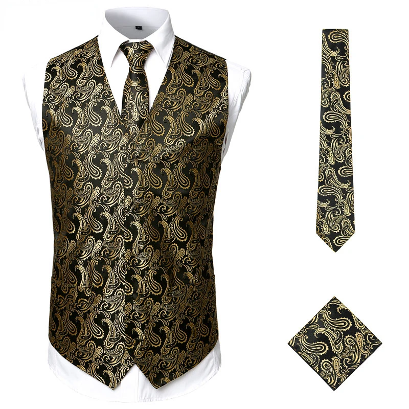 

Men's 3pc Gold Paisley Jacquard Vest Set Necktie Pocket Square Set Tuxedo Wedding Groom Party Diner Dress Vest Men Gilet Homme