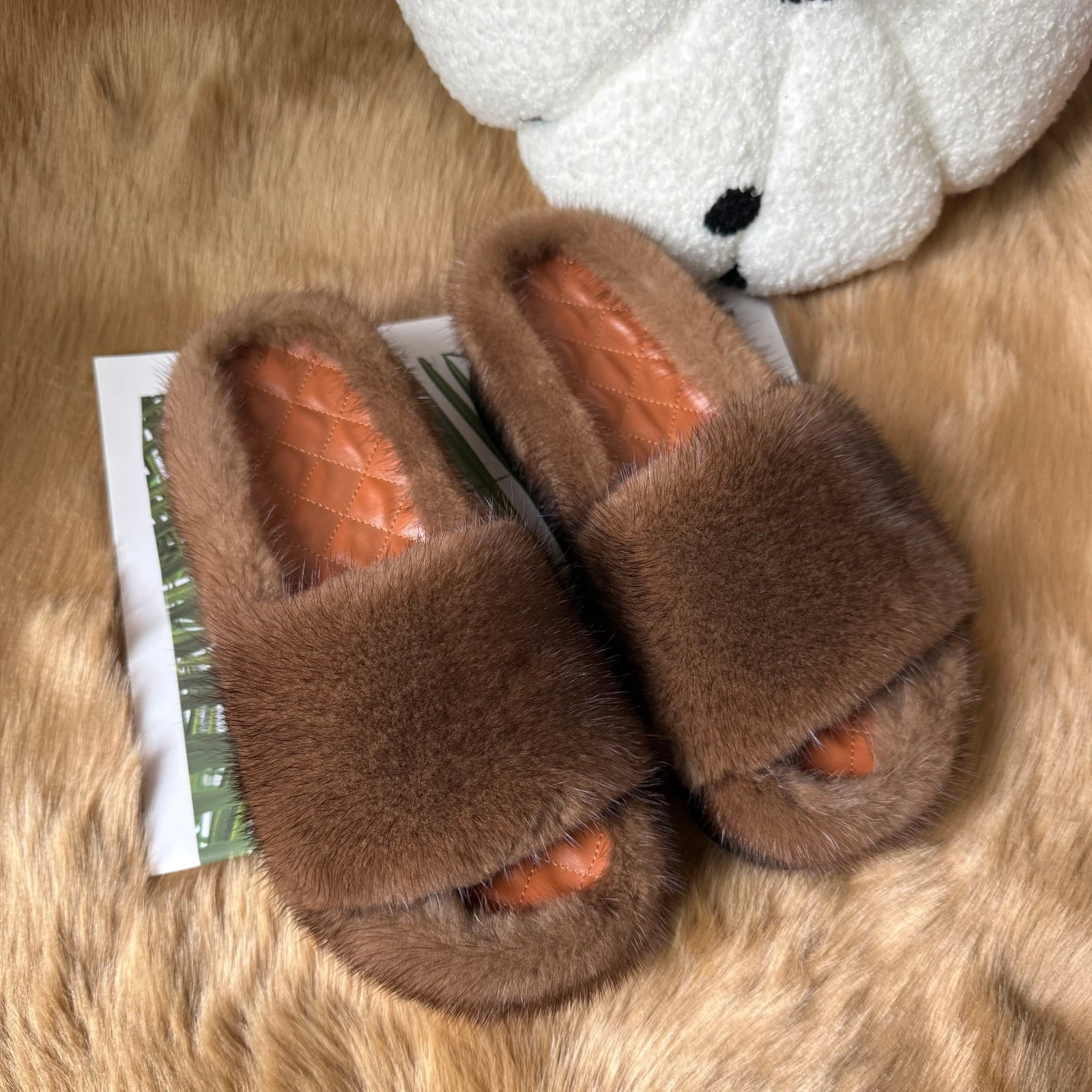 Dicke, warme Hausschuhe aus echtem Nerzfell für Damen, flauschige Pantoffeln, luxuriöse, warme Plüschfell-Schuhe für den Winter. – Detail 5