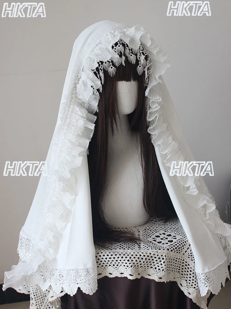 Abito Lolita Scuro Elegante Foulard Accessori per capelli Donna Splendido pizzo Nero Bianco Scialle Cofano Fasce Cosplay femminile
