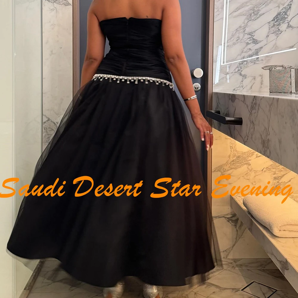 Mode Liebsten Falten Quaste Kristall Knöchel Länge Abendkleider Exquisite A-Line Satin Schwarz Prom Kleider vestidos de fiesta