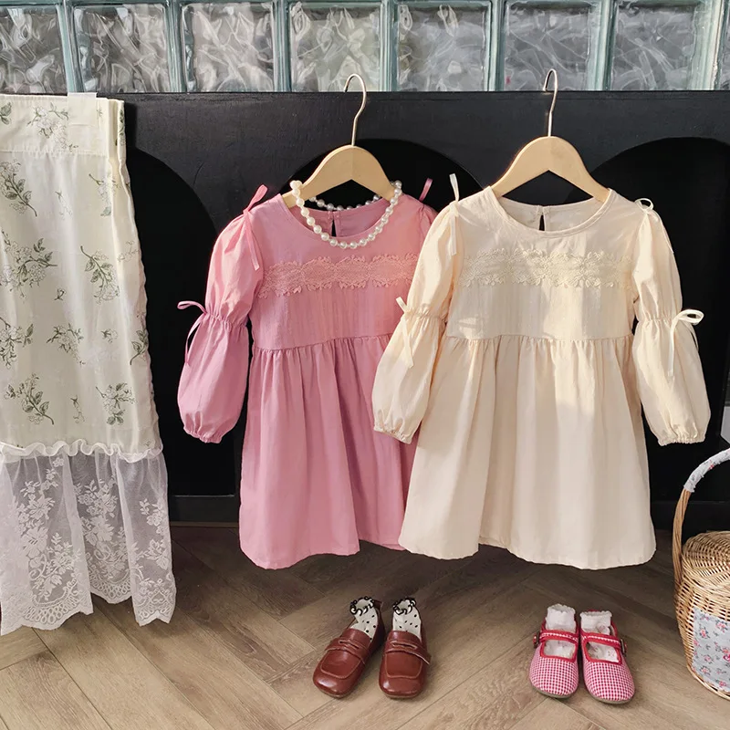 

South Korea Children's Clothing Bow Lace Puff Sleeve Girls Dress2024Autumn round Neck Long Sleeve Princess Dress Western Style