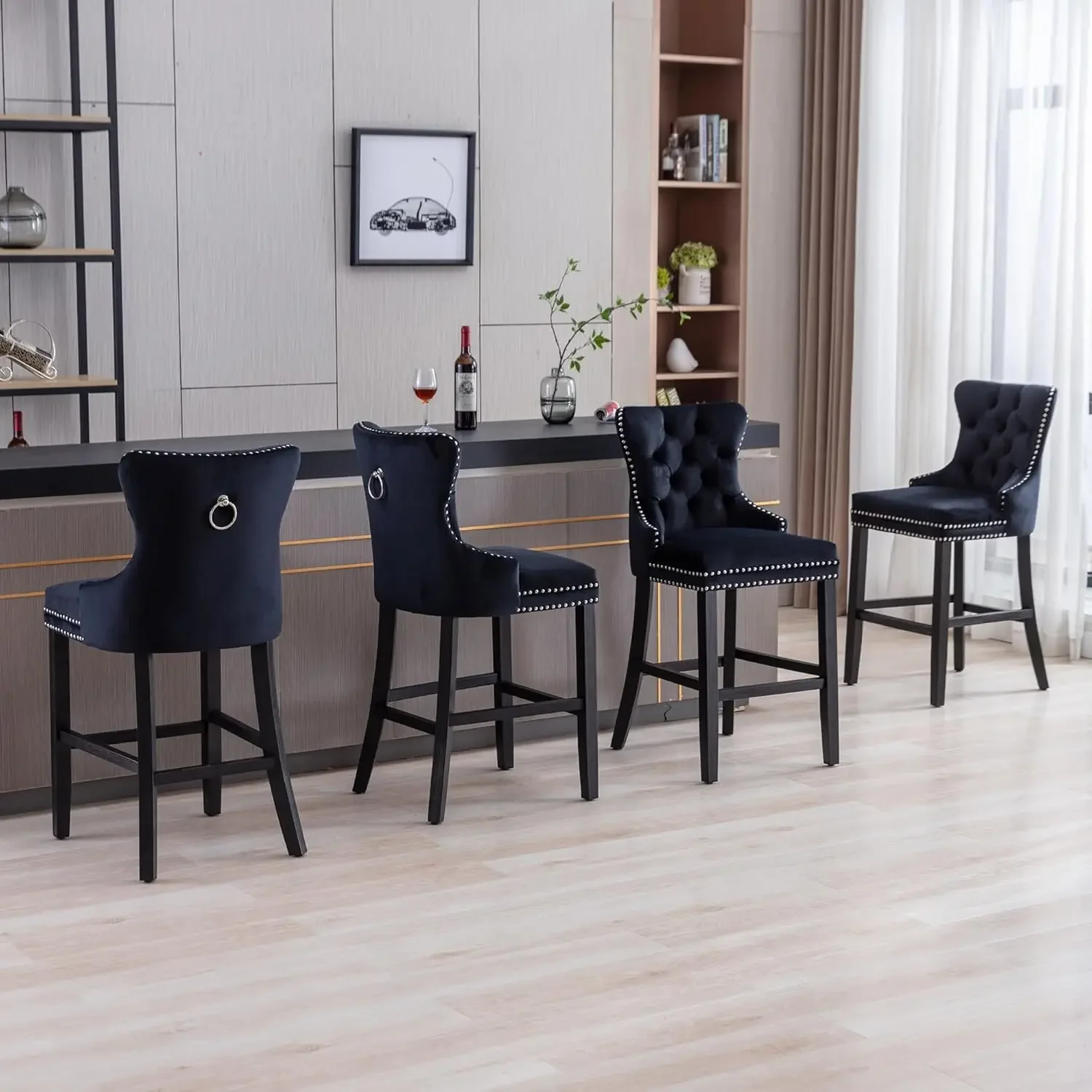 Set Of 2 Velvet Counter Height 26 Inch Bar Stools Tufted Back Rivet Trim Wood Frame Legs