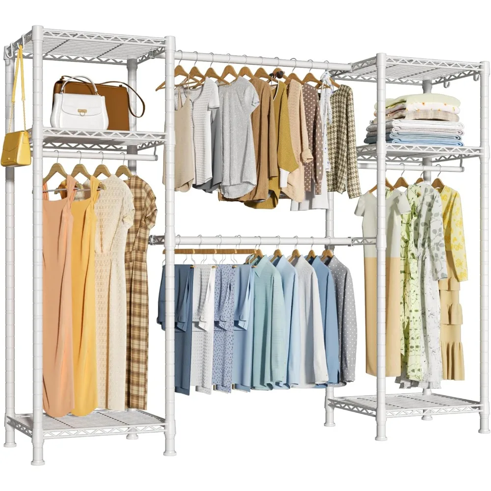 

E7 Heavy Duty Garment Rack, Clothes Organizer and Storage Rack with Expandable Hangers, Metal Clothing Rack with 6 Wire Shelves