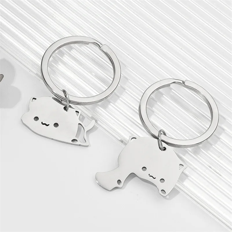 10 Pieces Cartoon Cat Stainless Steel Keychain Pendant for Ladies, Bag Car Key Pendant Carving Valentine's Day Gift