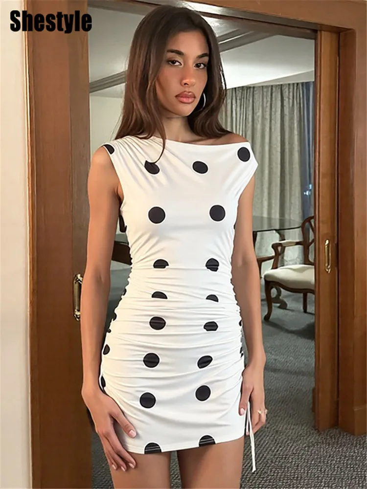 

Shestyle Polka Dot Print White Slope Neck Drawstring Ruched Slim Women Dress Sheath Fashion Streetwear Sleeveless Summer 2026