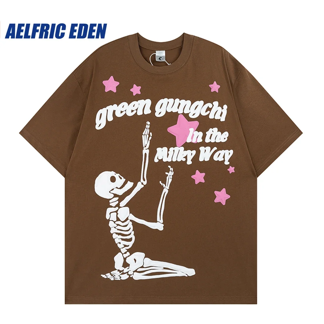 Aelfric Eden Kneeling Skeleton Graphic Tee Streetwear Hiphop Y2K Harajuku 2023 Summer Casual Cotton TShirt Shortsleeve Top Tees