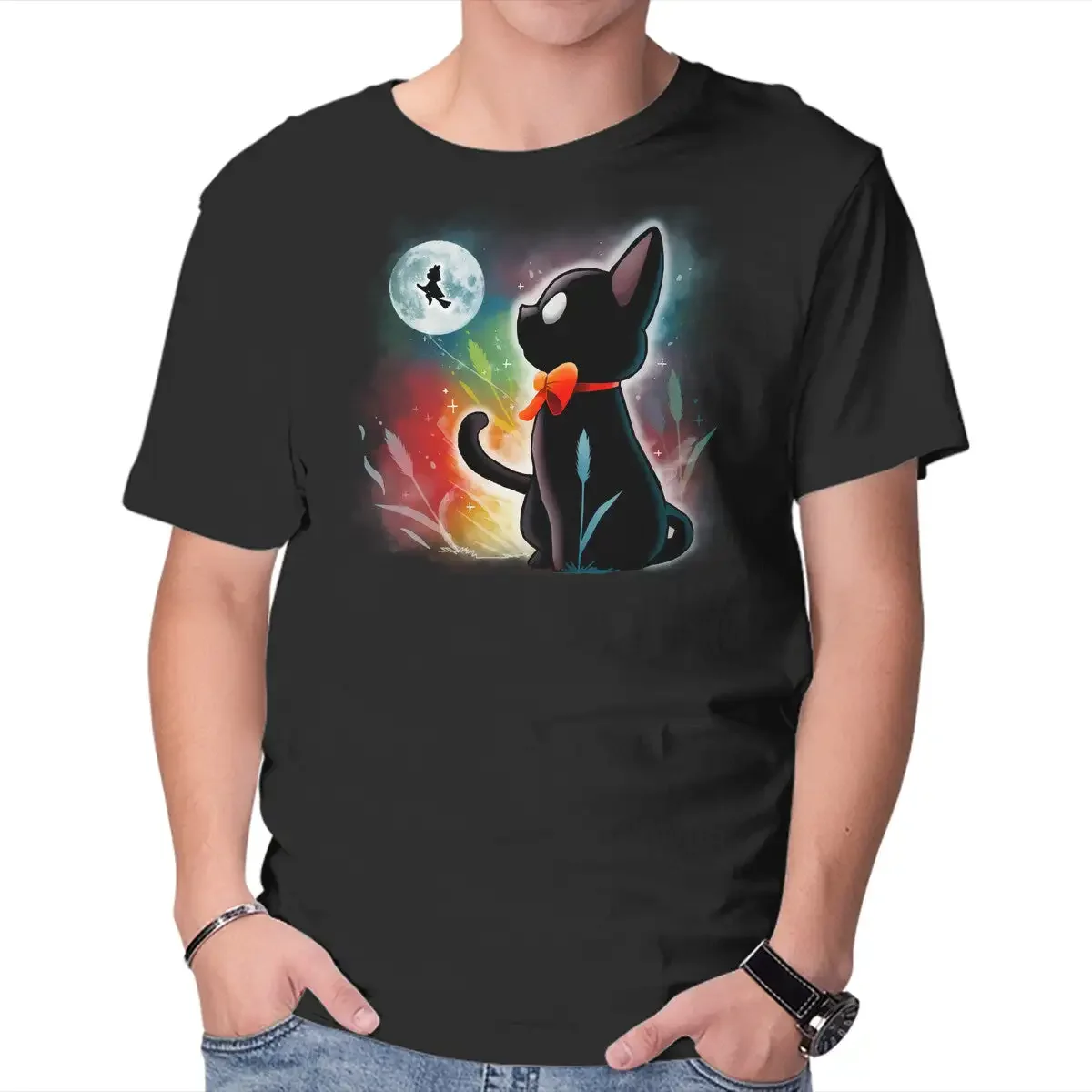 Witched Cat Anime Graphic T-shirts for Men Clothing Women Short Sleeve Tees Vintage High Quality 100%Cotton