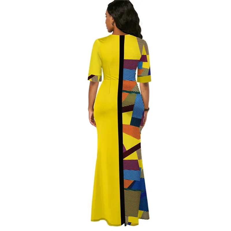 Robe Maxi à Col Rond pour Femme, Élégante, Impression Géométrique, Épissage, Tempérament, ixde Bal, Mode, Demi Manches