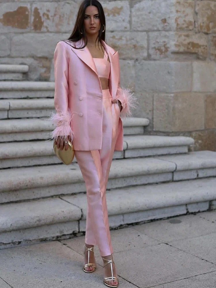 

Women Feather Patchwork Pant Set Fashion Solid Satin Double Breasted Lapel Blazer Coat Suits 2025 Lady New Street Commute Outfit