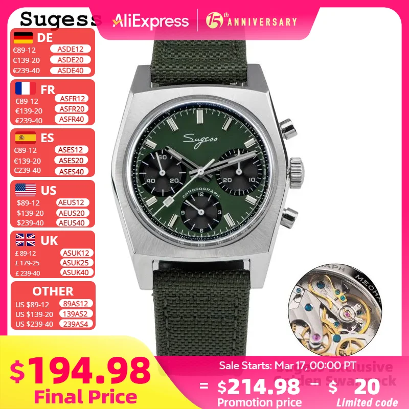 Sugess 37mm Pilot Watches of Men Tianjin ST19 Chronograph Swanneck Mechanical Wristwatches Dome Sapphire Crystal Force Army 2023