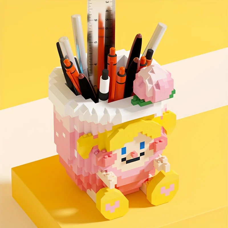 

Cute Cow Peach Milk Tea Cup Building Block Pen Holder for Office And Learning Decorations Birthday And Festival Gift