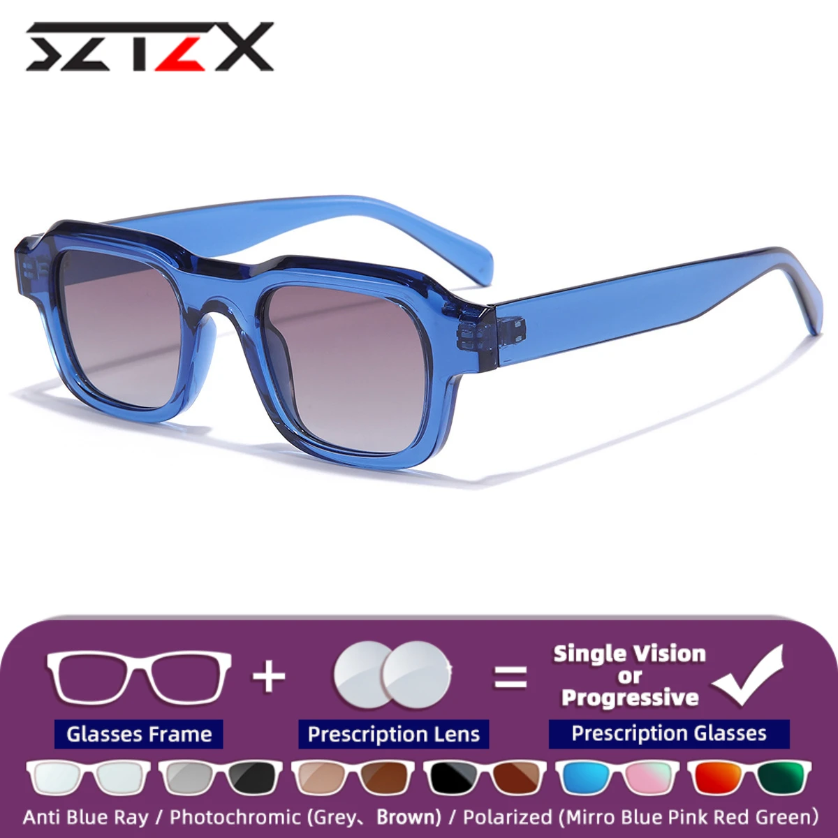 

SZTZX Fashion Simple Squar Polarized Prescription Sunglasses Unsiex Progressive Myopia UV Protection Driving Safety Sun Glasses