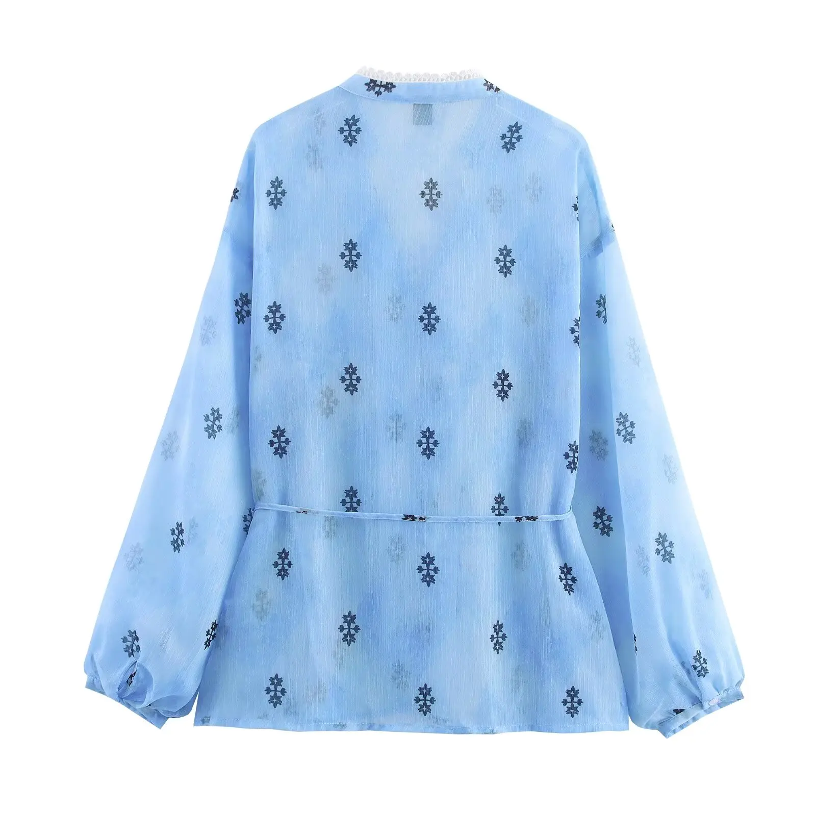 

Korejepo New Women Clothing European American Style Fashionable Simple Lace Waist Cinched Chiffon Long Sleeved Shirt Top