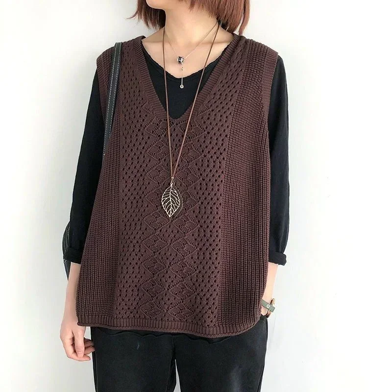 女性用ノースリーブ透かし彫りセーター,Vネックベスト,カジュアルセーター,韓国ファッション,春と秋