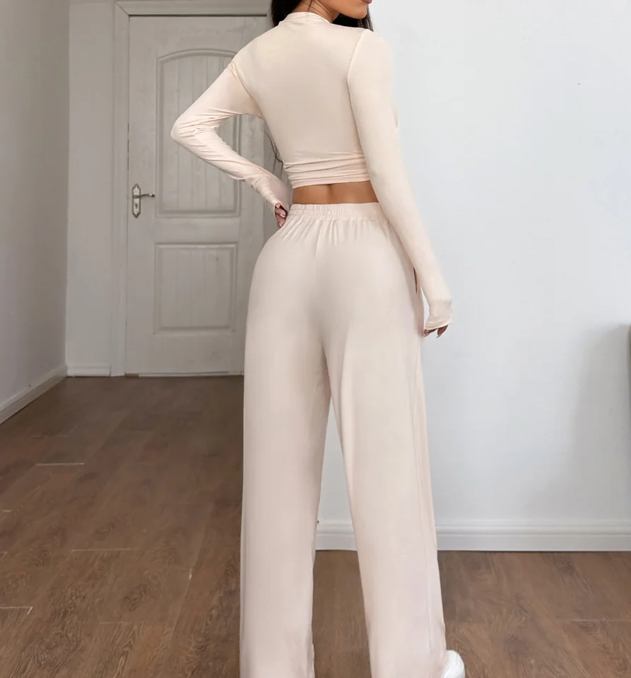 2026 봄/여름 요가 스포츠 스타일 슬림핏 허리 높은 탄력성 긴 소매 와이드 레그 팬츠 세트 여성용