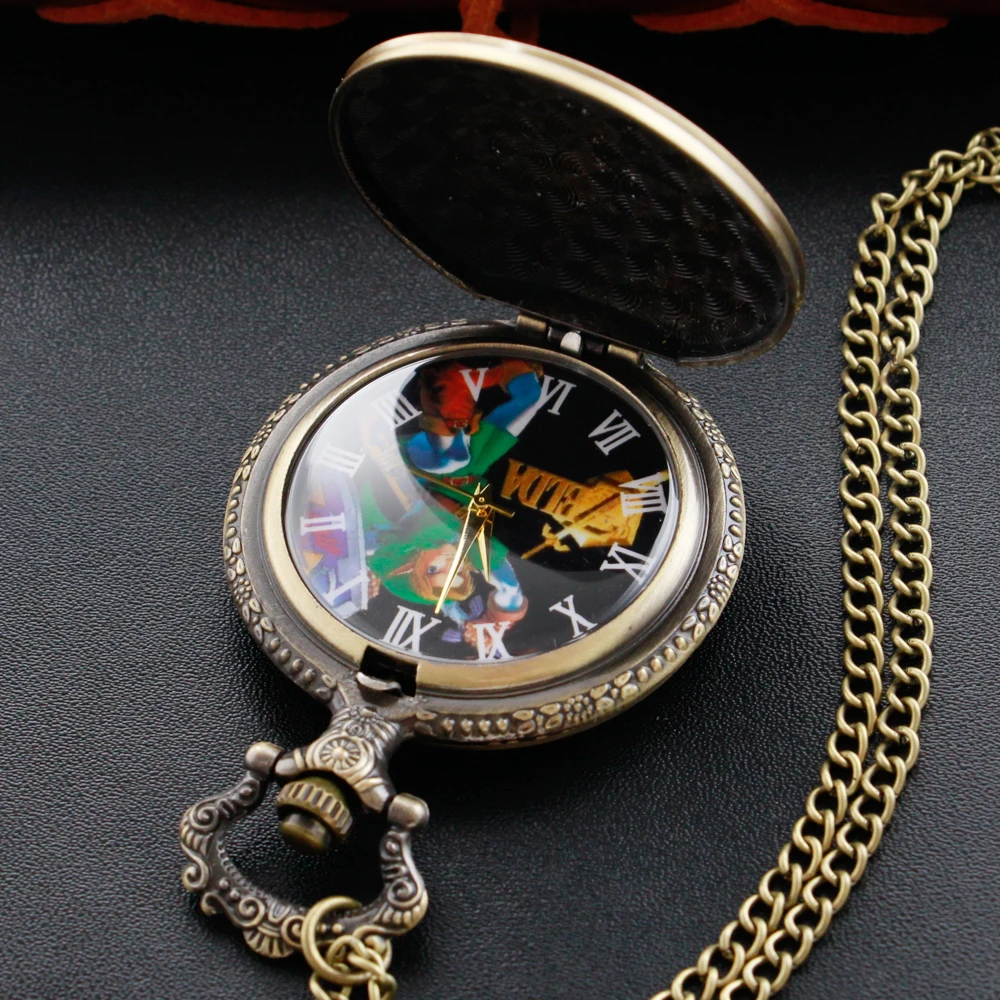 Zelda Stone Swordsman Vintage Bronze Quartz Pocket Watch with Chain Pendant Necklace Trinkets Festivals Holiday Best Gift