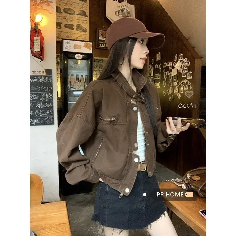 

Fall Winter plus Size Casual ort Denim Workwear Jaet Women Loose Cool Sweet Sle Outerwear Polyester Fiber Zipper Closure