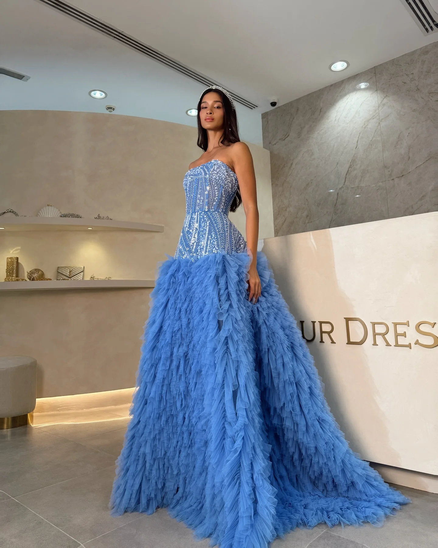 Luxury Blue Ruffles Tulle Evening Dresses 2025 Beaded Lace Floor Length Long Formal Party Dress Arabic Prom Gown فساتين سهرة