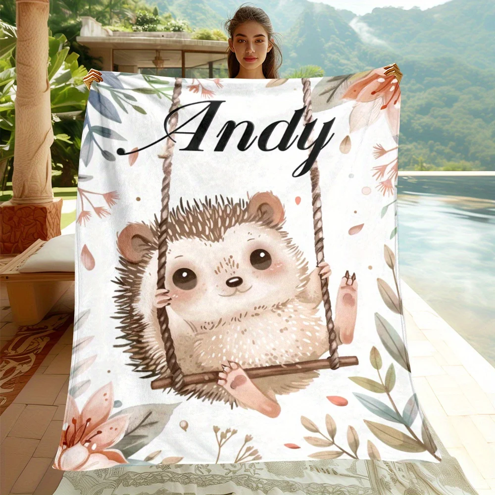 Customized name: Hedgehog Swing Flannel Blanket-comfortable,suitable for all seasons,ideal for sofas,camping, office supplies