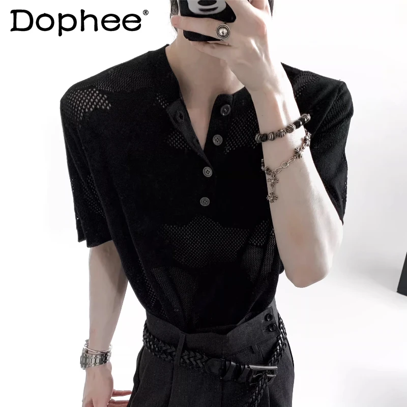 

Стильные легкие люксовые трикотажные футболки с прозрачными вставками для мужчин, лето 2026, новые тонкие топы с коротким рукавом, мужские футболки с пуговицами, простые футболки