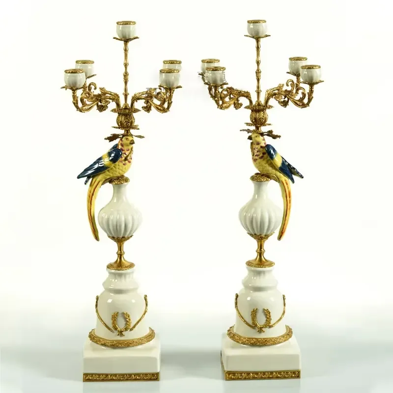 Hand Made Antique Design Brass Porcelain Decorating Candleholder Art Nouveau Candle Holder Decorative Parrot Multicolored