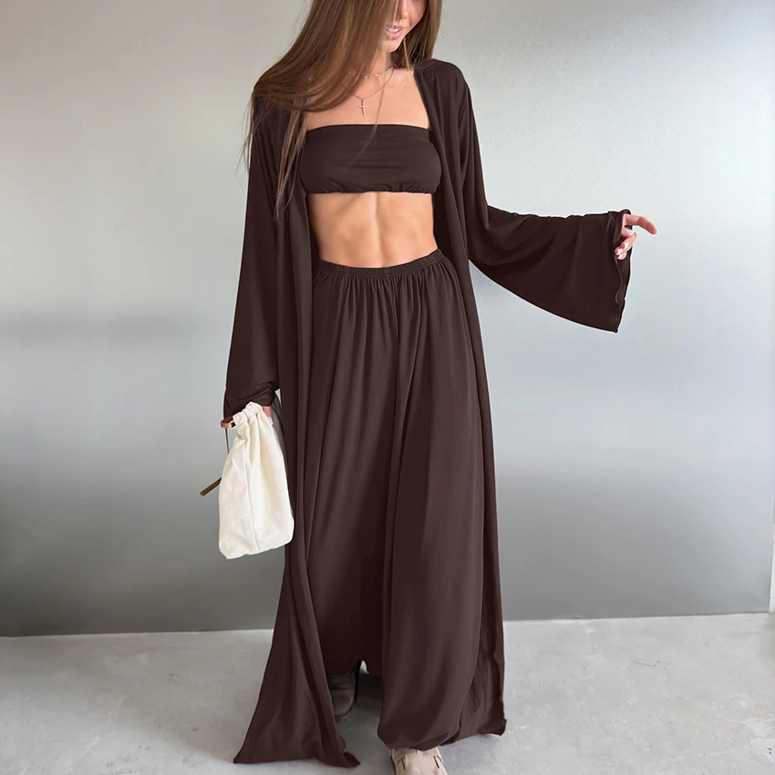 HiLoc Brown Casual Knitted Elastic Pajamas Three-Piece Long Sleeve Long Coat Sleeveless Tube Top Elastic Waist Full Length Pants