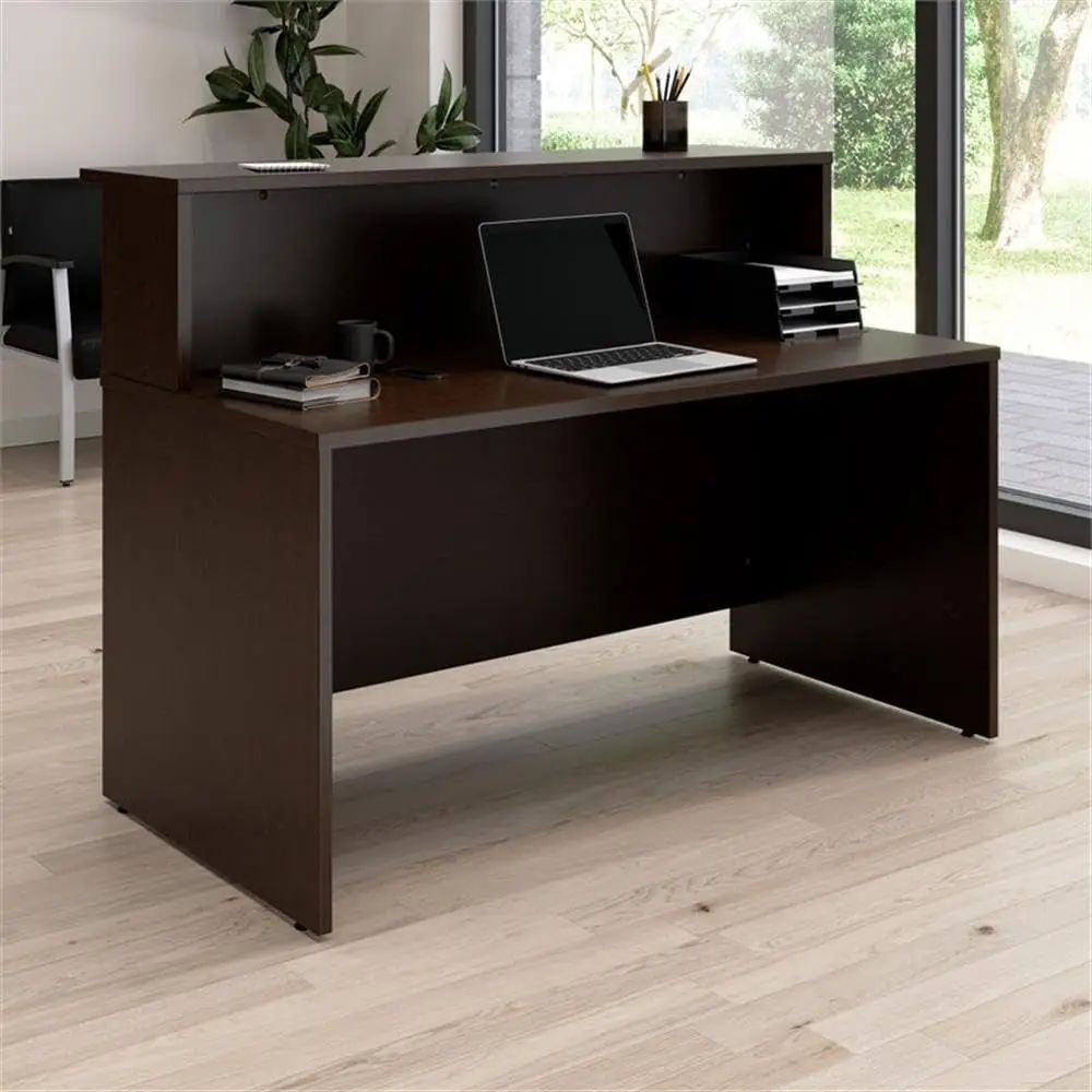 Arrive 60W X 30D Reception Desk With Shelf In Mocha Cherry, Modern Receptionist Station For Office Waiting Room