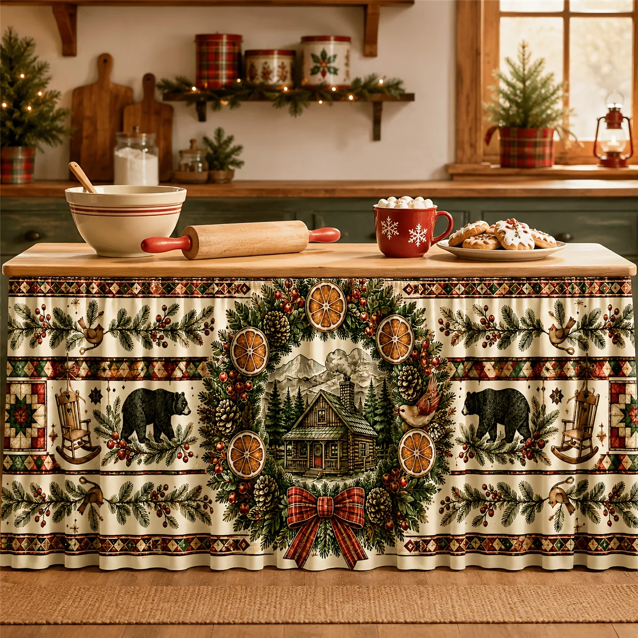 One table skirt - Polyester country cottage Christmas wreath - Suitable for Christmas parties, cafes and festivalsxzj