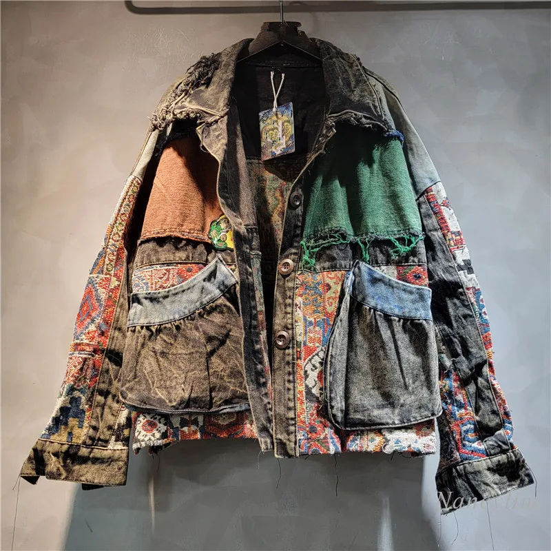 Niche Personality Jacket European Ethnic Style Design Denim Clothing Women's 2024 Autumn New Loose Short Coat Patchwork Jackets