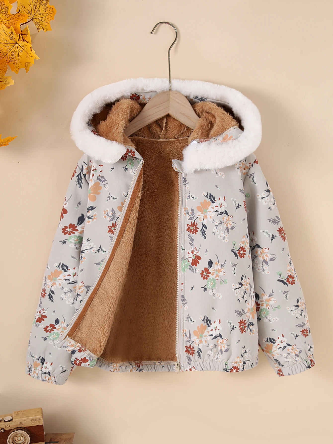 Autumn/Winter Girls' Fashion Printed Thick Warm Fluffy Hooded Jacket Casual Outing Coat