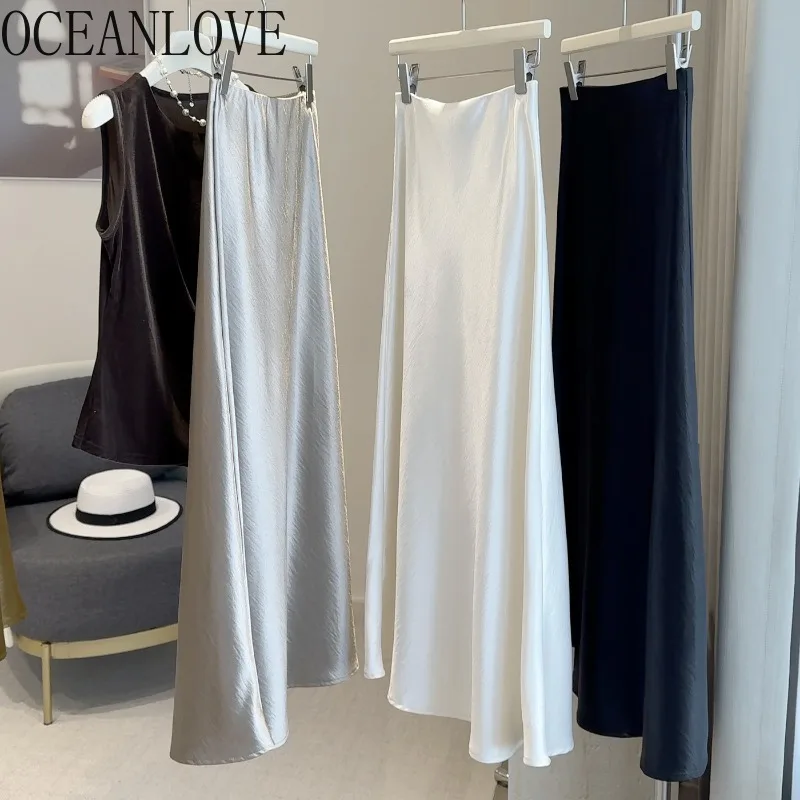 

Draweye Women Skirts Satin Autumn Winter Solid Korean Fashion Elegant Ruffles Long Skirt High Waist Simple Vintage Faldas Mujer