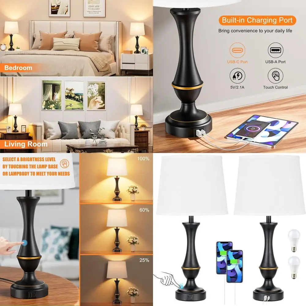 

Модернизированные сенсорные лампы с двумя USB-портами - комплект из 2 штук для спальни с 3-ступенчатой регулировкой яркости, идеально подходят для прикроватных тумбочек, гостиных и офисов (белые)