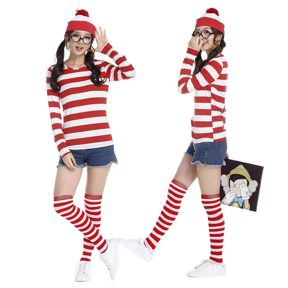

Where's Wally Waldo TV Cartoon Stag Night Outfit Adult Red Stripe Shirt women Fancy Dress Halloween Christmas Costume