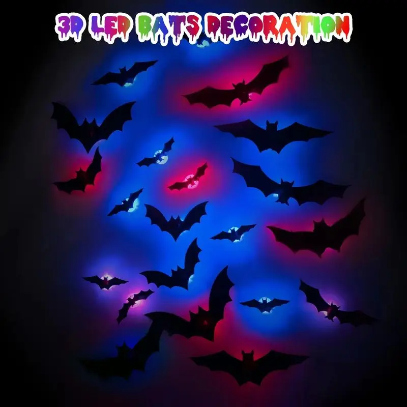 New Halloween 3D Spider Bat LED Flash Party Showcase Atmosphere Wall Stickers Decoration Holiday Gifts