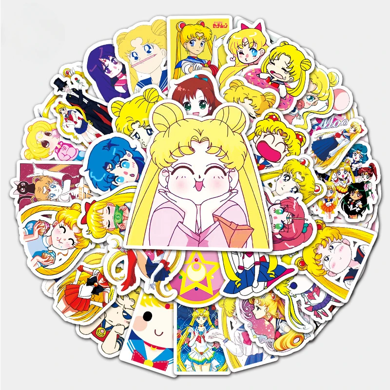 51 Pcs Sailor Moon Anime Stickers Kawaii Girls DIY Luggage Water Bottle Phone Case Waterproof Cartoon Sticker for Kids Toys