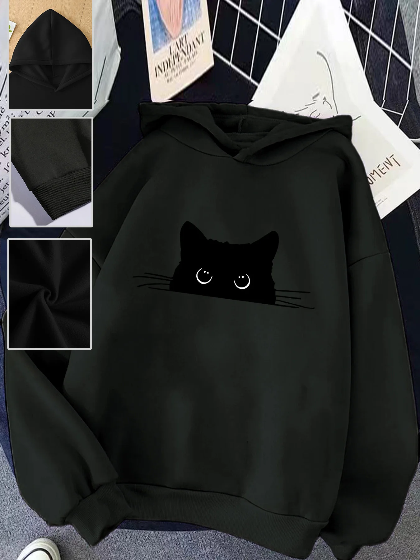 Lässiger Damen-Hoodie mit einem süßen Katzenmuster, Rundhalsausschnitt, langen Ärmeln, ideal für Herbst und Winter, um die Körpertemperatur zu regulieren, normaler Schnitt. – Detail 28