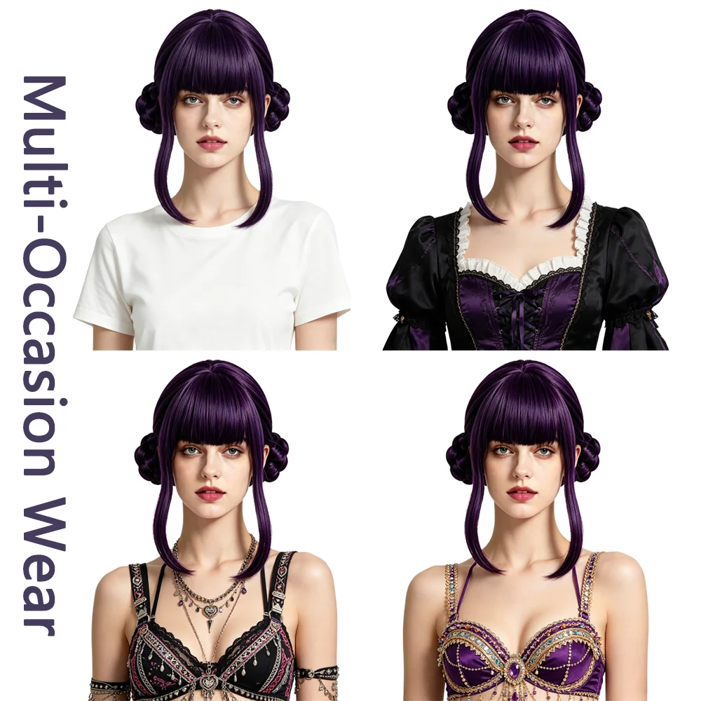 Daily Wear Dark Purple/Black Space Buns Wig with Straight Bangs Natural Looking Heat Resistant Synthetic Wig For Women