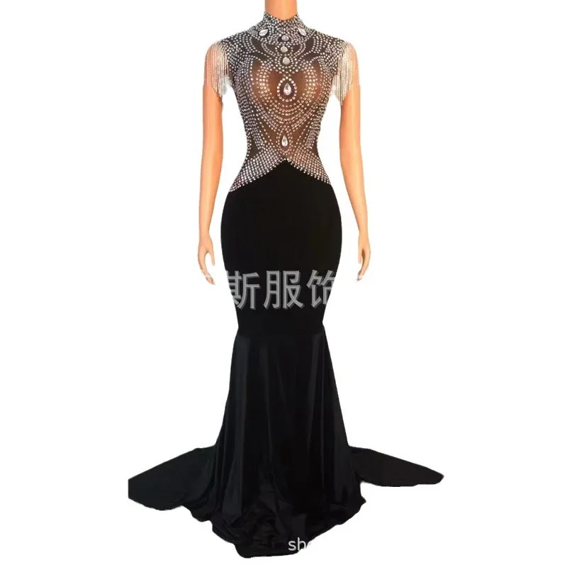 Costume Mullet Trailing Transparent Tight Dress Glam Package Catwalk Host Singer Model Robe De Soirée Chic Et Élégante Paillette