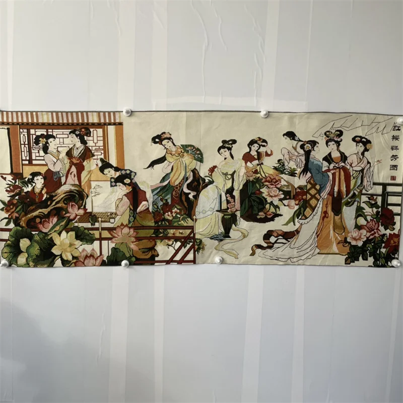 Chinese Old Color Brocade Embroidery 'Portrait of a Lady in the Red Chamber' Wall Painting Decorative Home Artwork