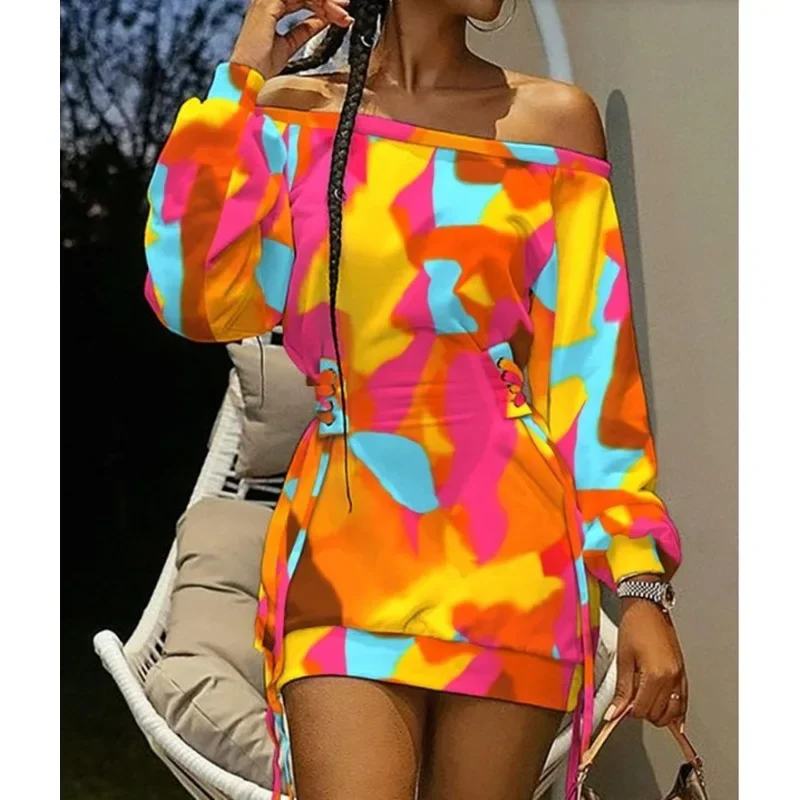 

Women's Tie Dye Printed Lace-up High Waist Dress Round Neck Loose Commuting Female Fashion Long Sleeved Casual Mini Dresses